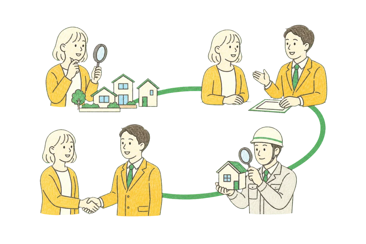 会社探しから比較と契約までの流れを表すクレヨンイラスト