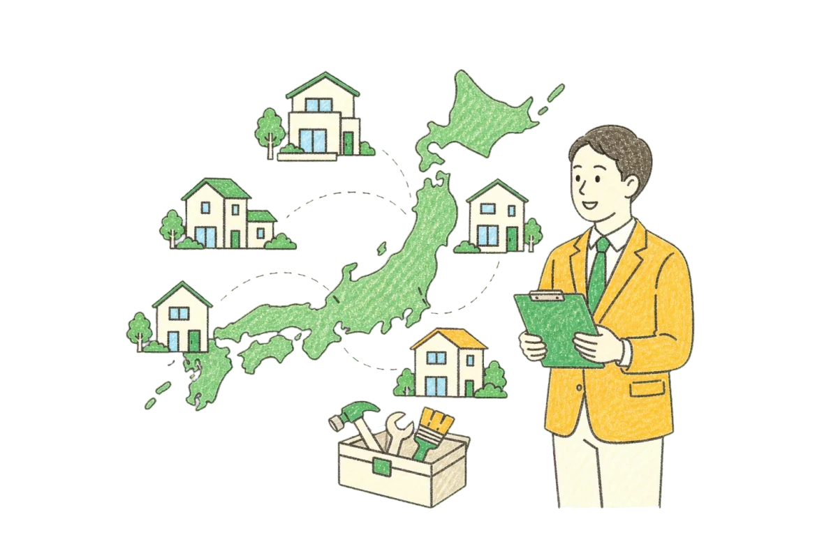 全国の住まいと登録会社の広がりを表すクレヨンイラスト