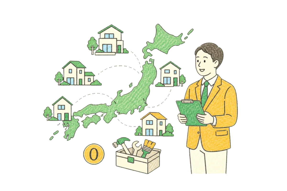 全国の住まいと登録会社の広がりを表すクレヨンイラスト