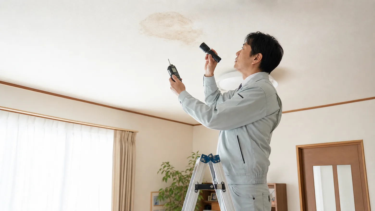 天井の雨漏りのシミと点検の様子