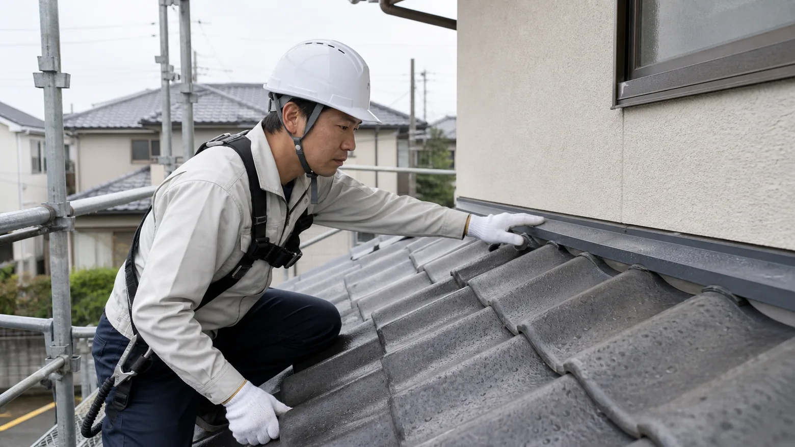 屋根と外壁の取り合い部分を点検する職人