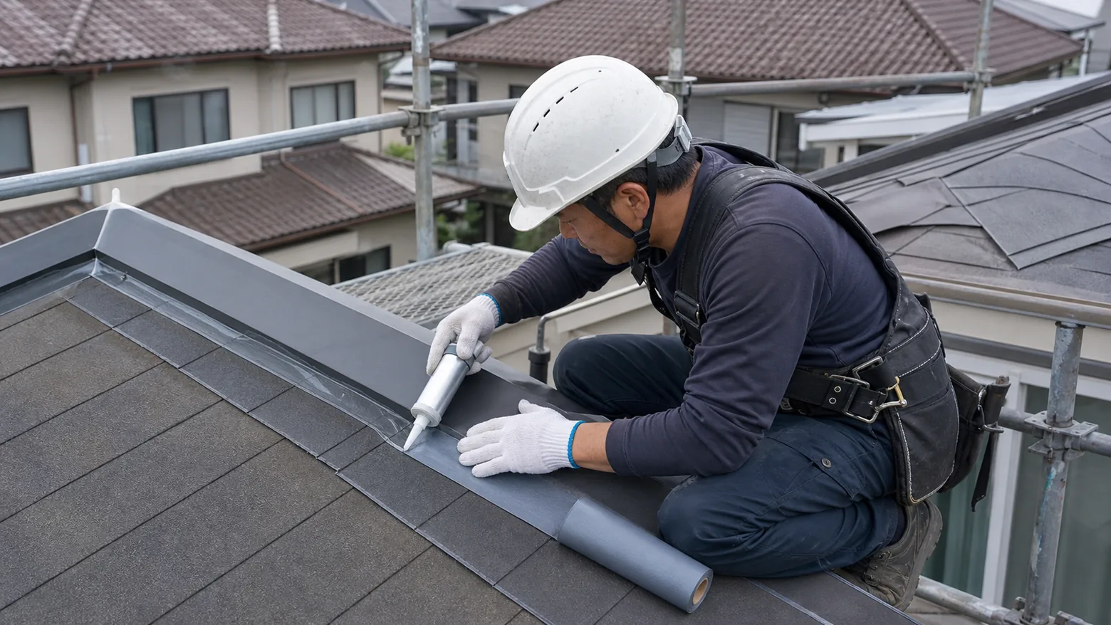 屋根の防水補修を行う雨漏り修理の現場