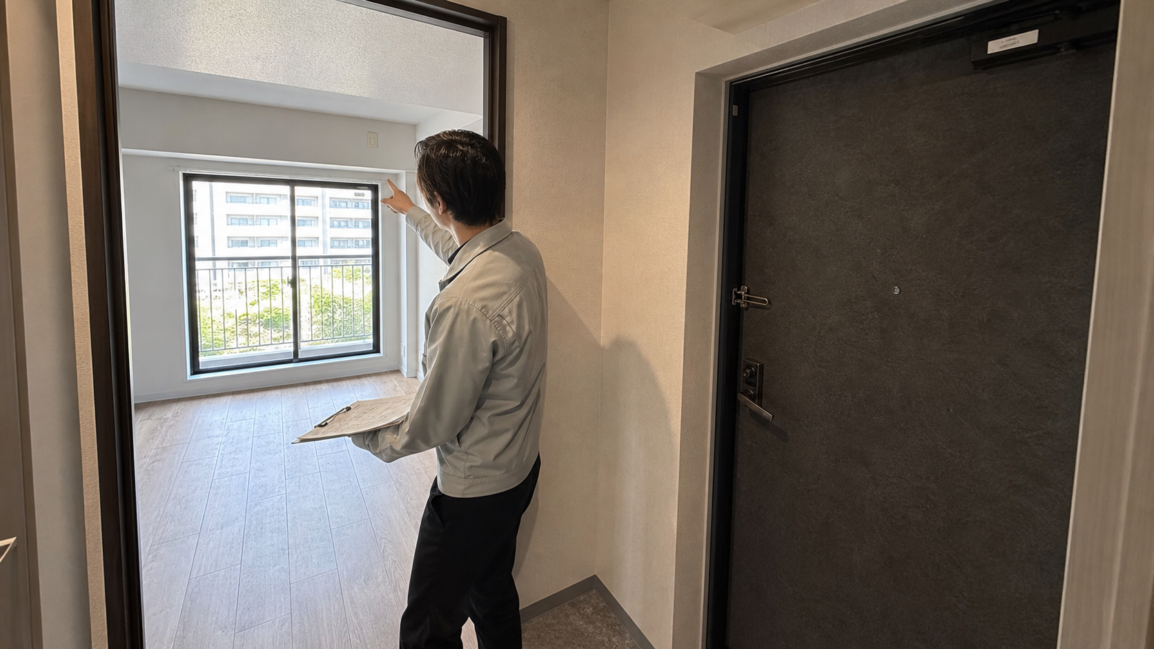 マンションの玄関ドアと窓まわりを確認する現地調査