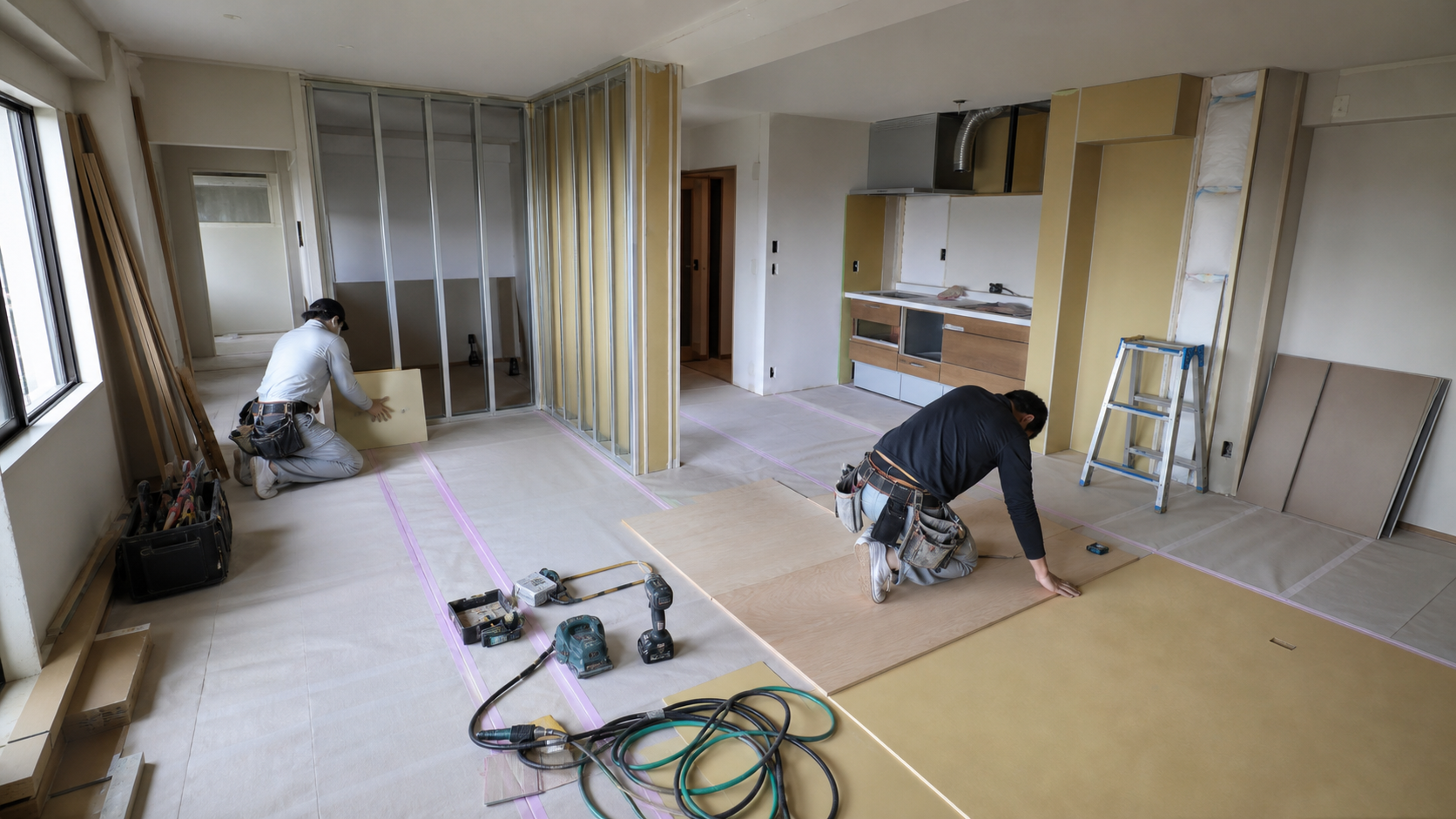 マンション室内の床と間仕切りを施工する職人