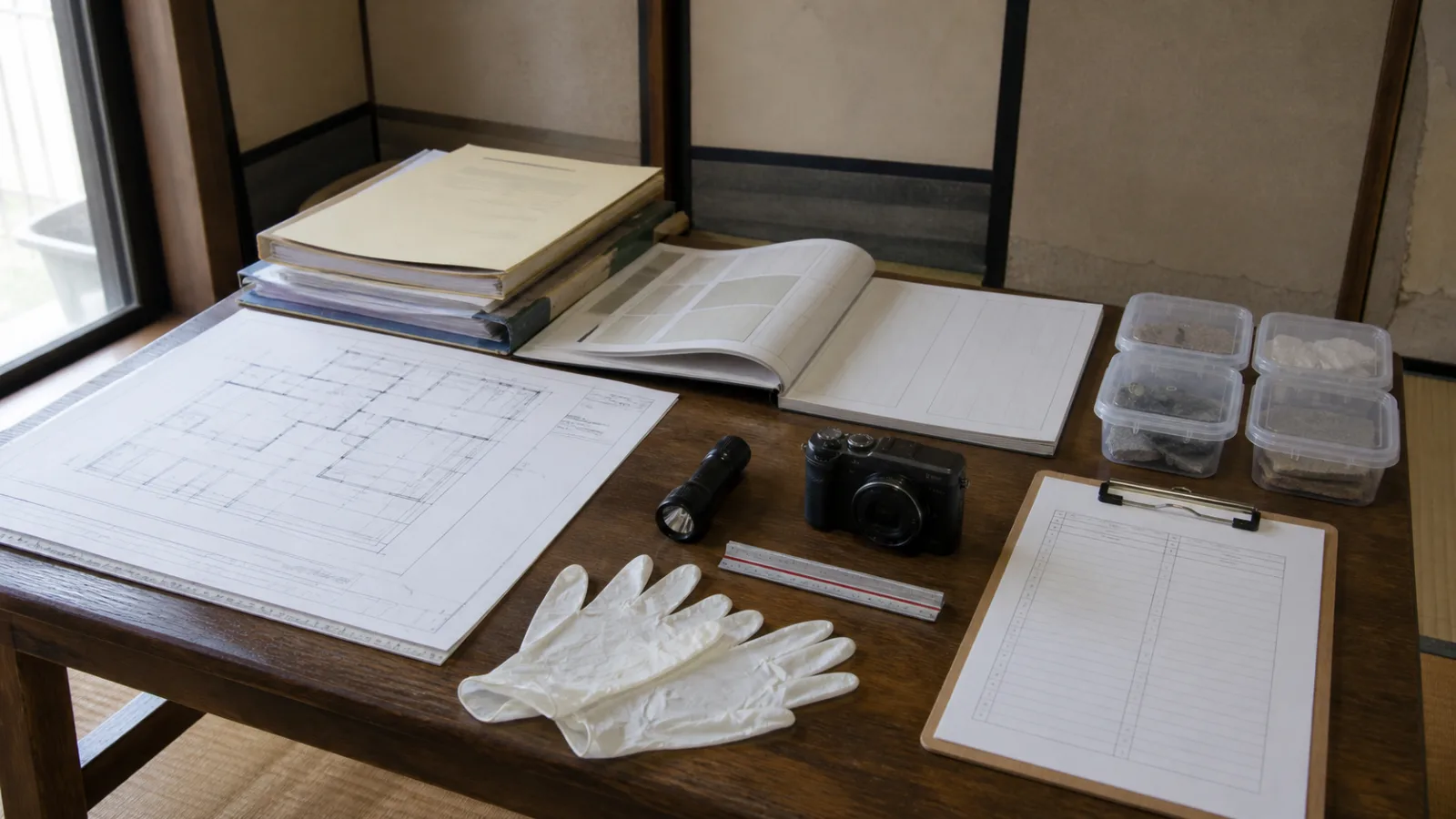 建築図面と建材サンプルを整理した調査机