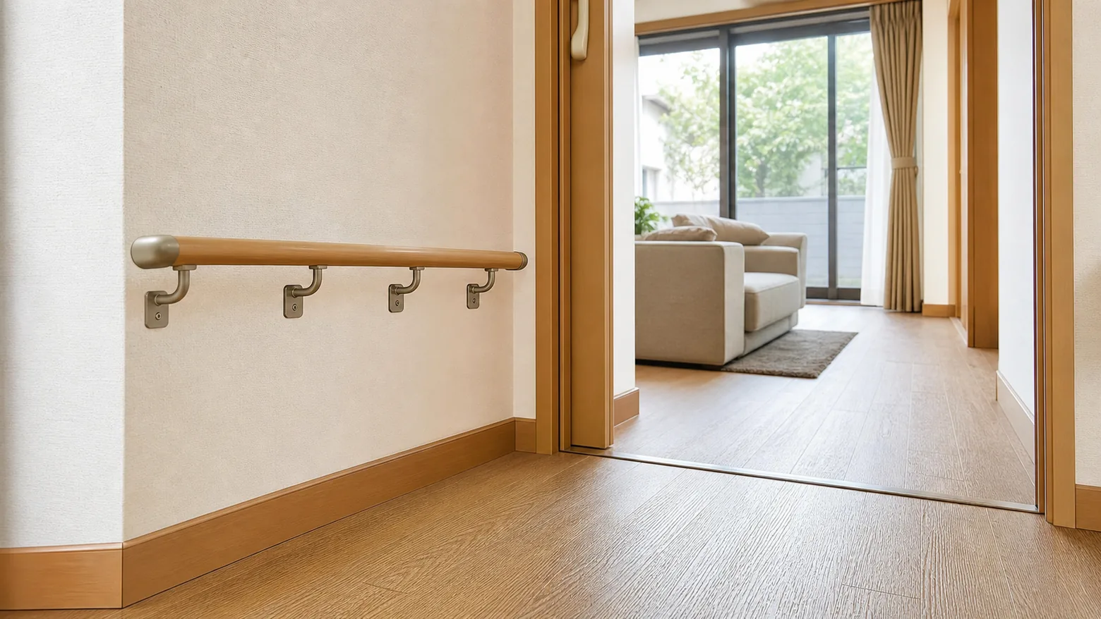 壁に取り付けられた木製の手すりと段差のない床