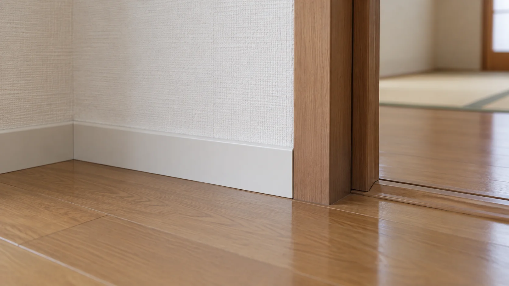 白い巾木が部屋の角からドア枠の端へつながる納まり
