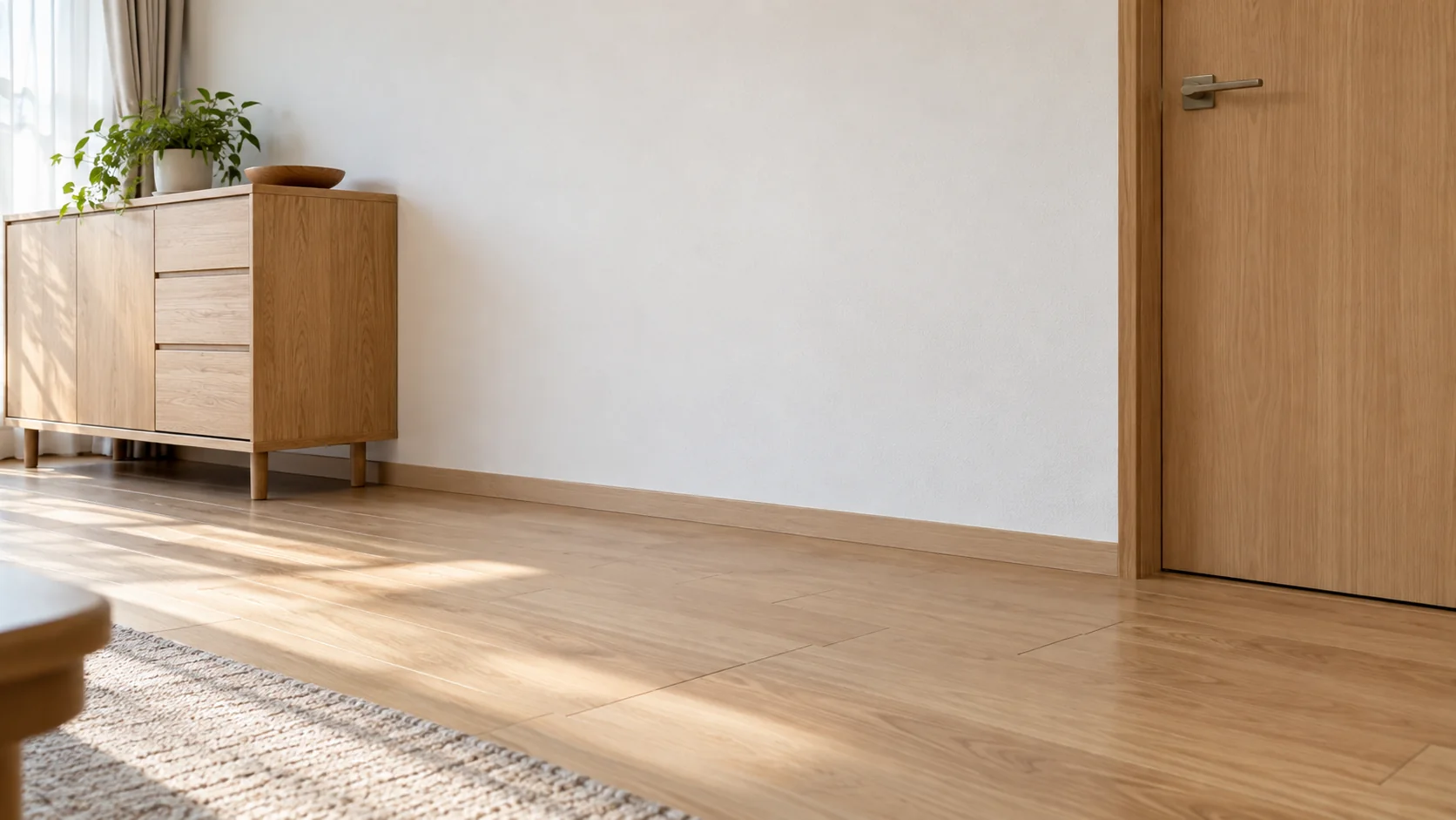 床やドア枠と色を合わせた木目の巾木がある部屋