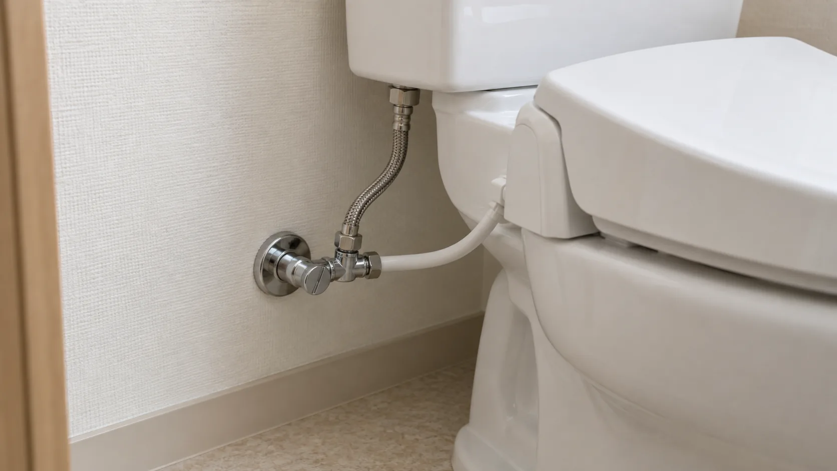 トイレの脇にある止水栓と給水ホース