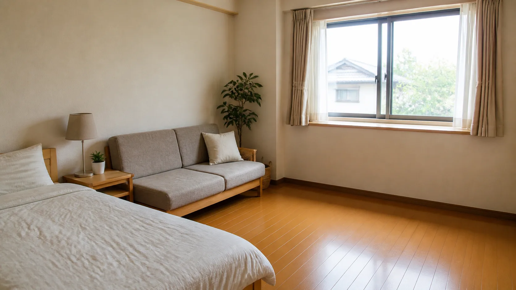 窓の前に家具を置かず空間を確保した日本住宅の寝室