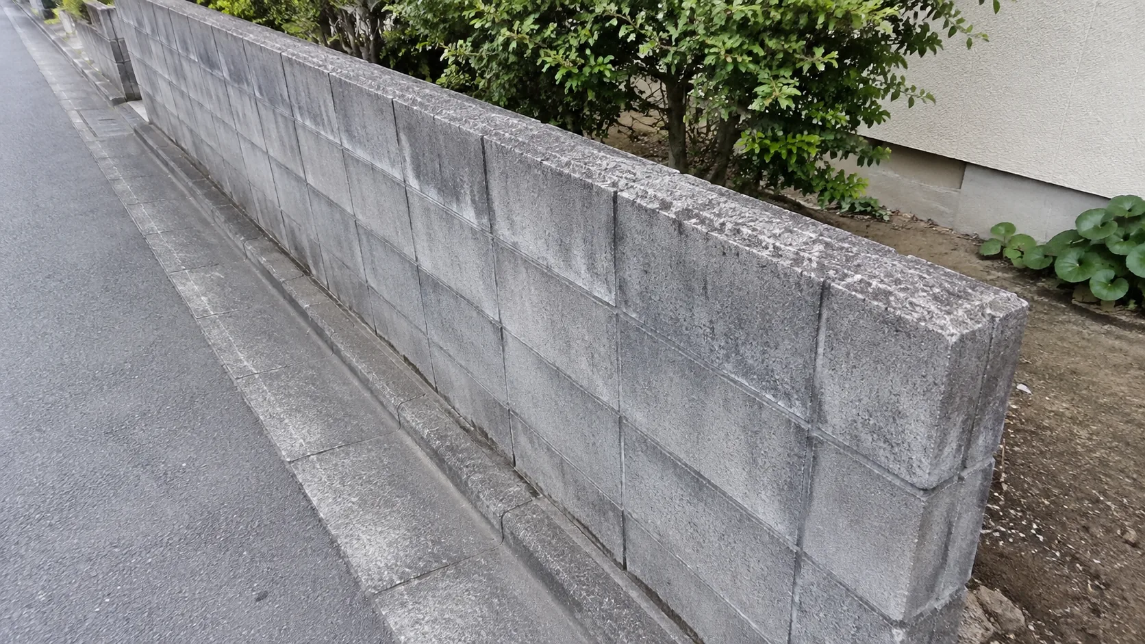 道路側と敷地側の地面の高さと上端を見渡せる既存ブロック塀