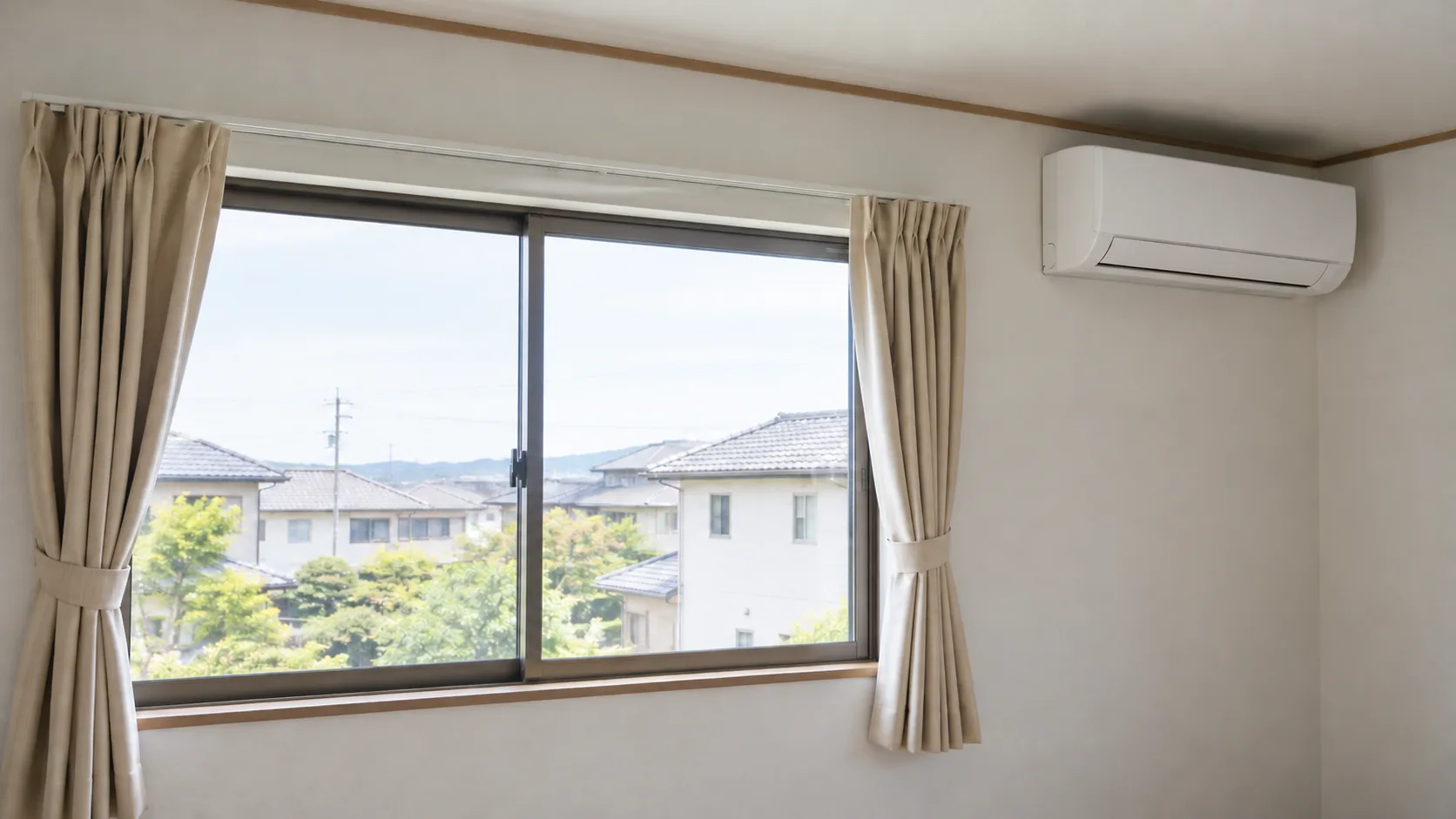 窓横のエアコンとカーテンのたまりの間に空間がある部屋