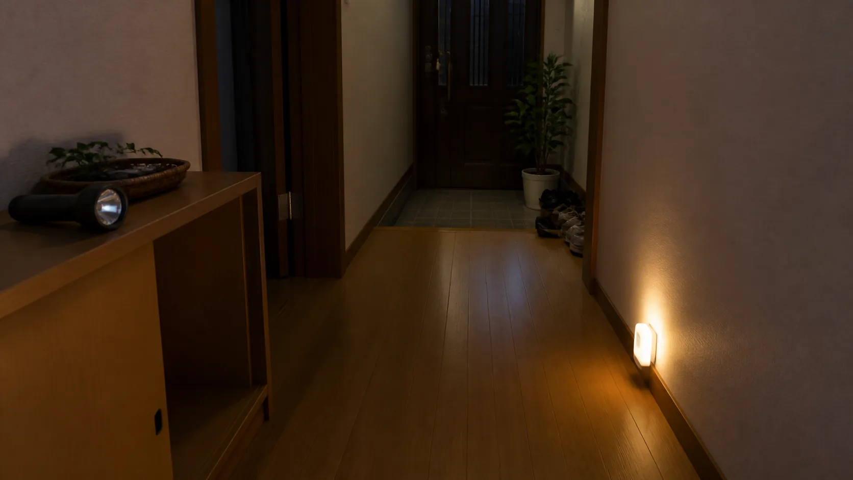 停電時も足元灯と懐中電灯で避難経路を確保した日本住宅の玄関廊下