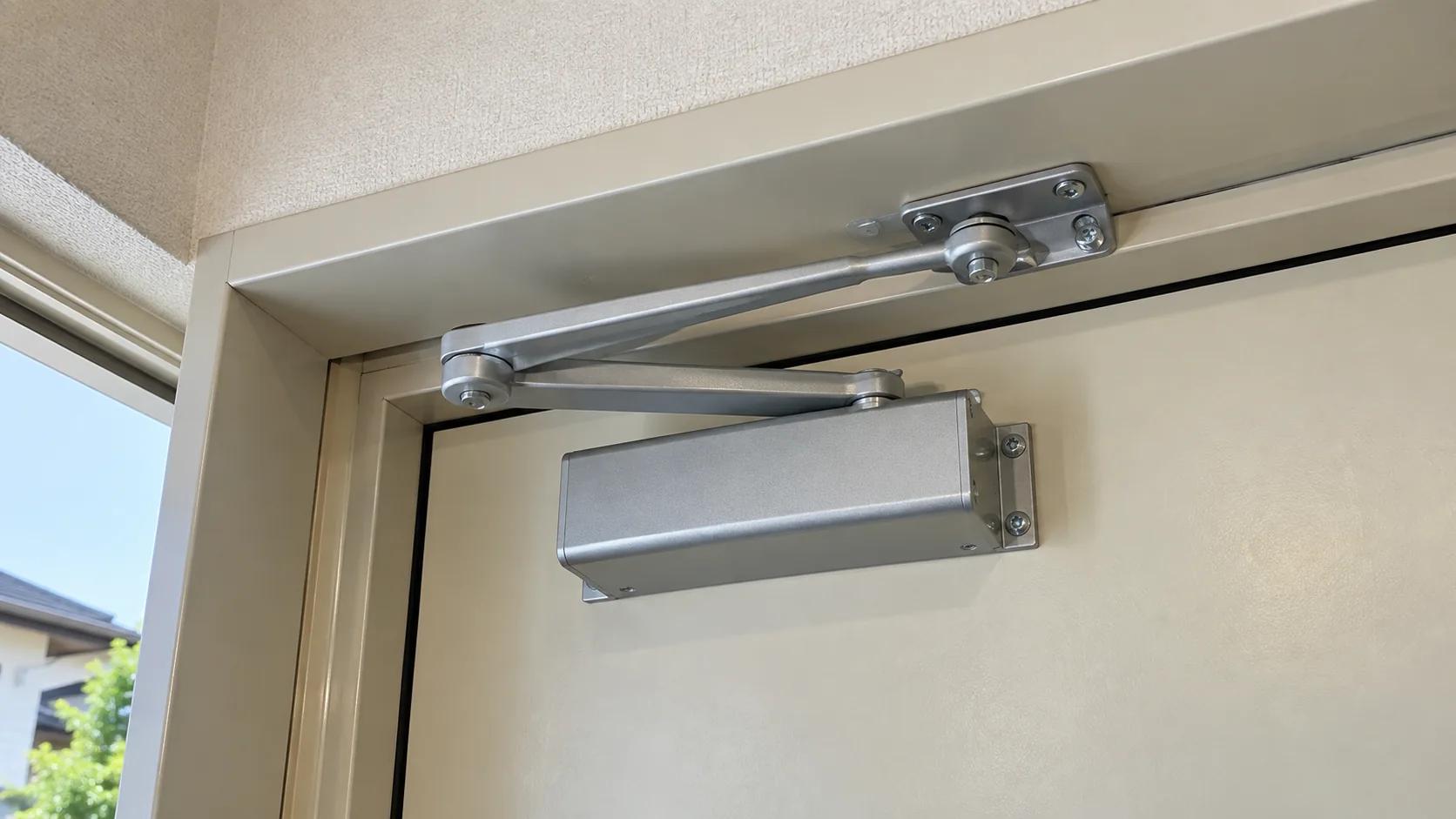 玄関ドア上部のクローザー本体と枠側の金具