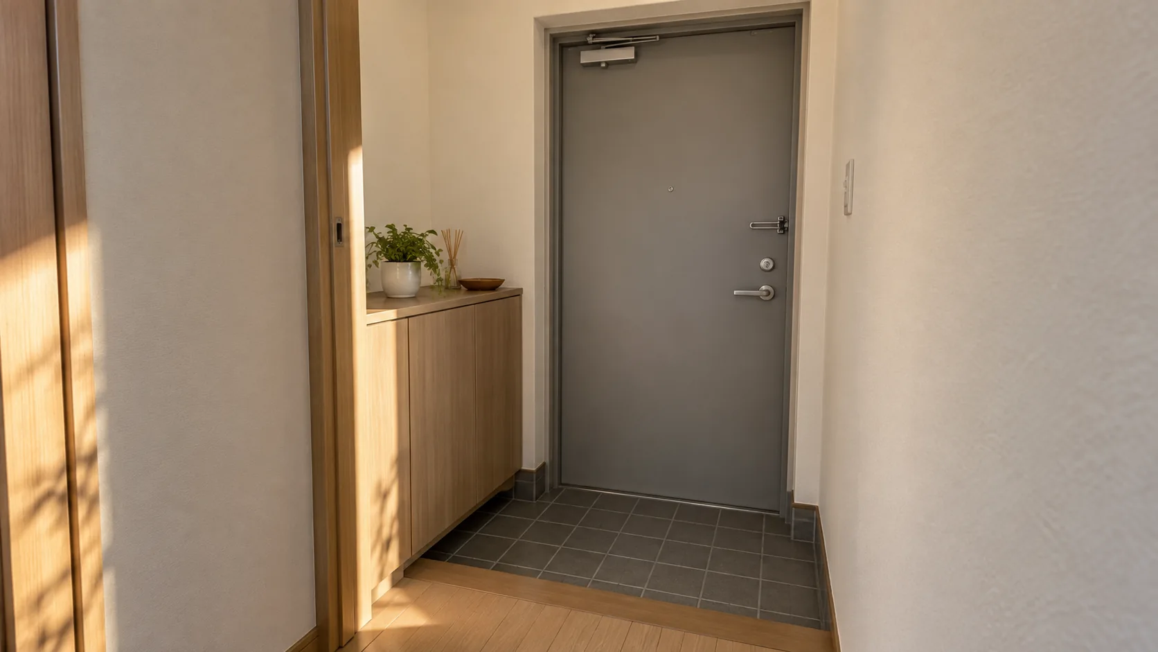 マンションの室内から見た玄関ドアと周囲の収納