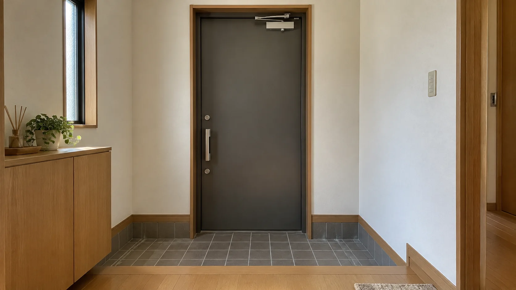 ドアクローザーが上部に付いた戸建て住宅の玄関ドア