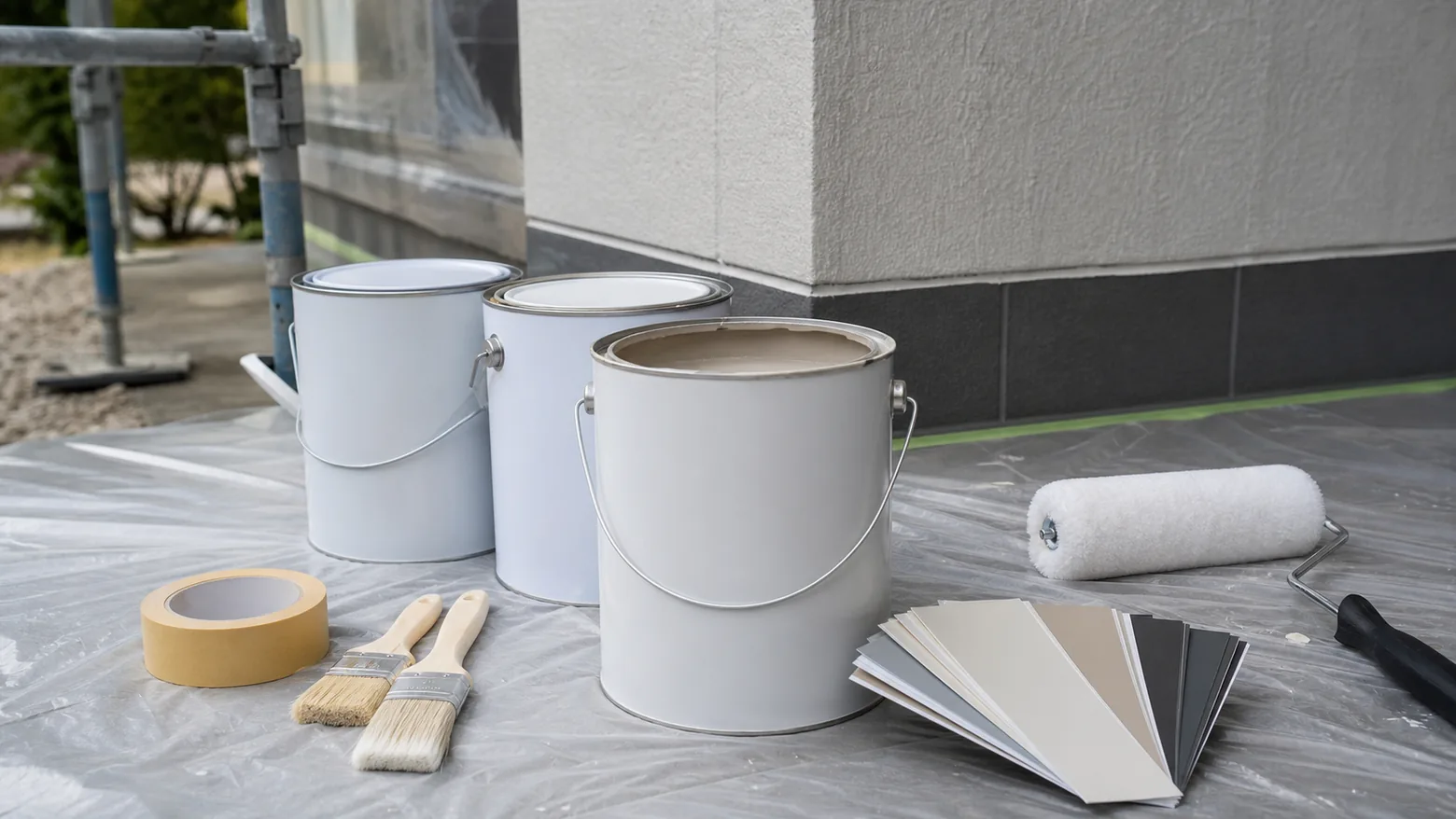 塗料の缶とローラーが並ぶ塗装作業の準備
