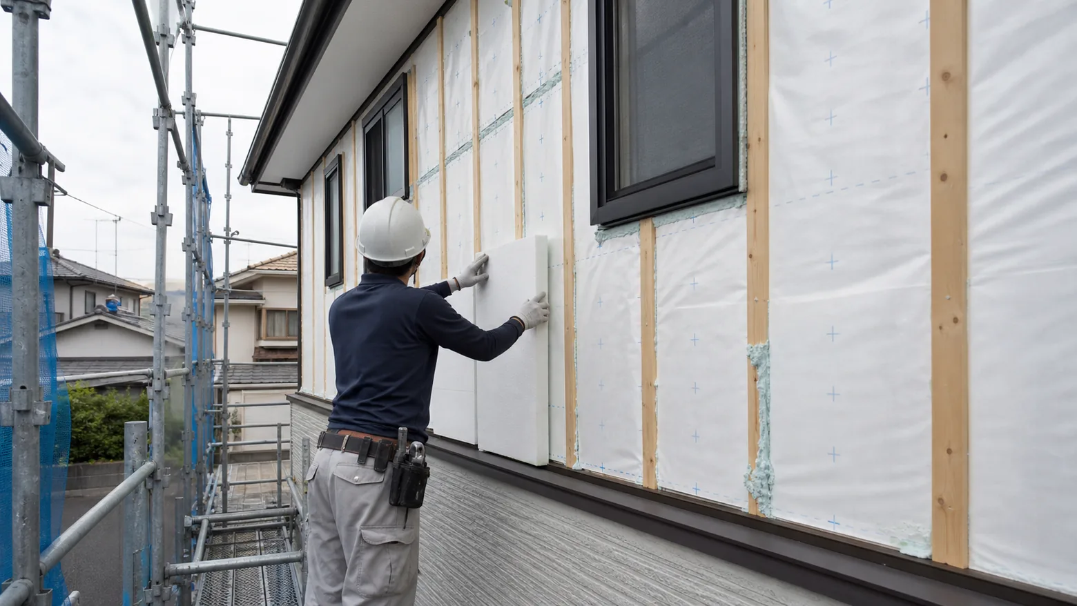 外壁に断熱材を施工する住宅リフォームの様子