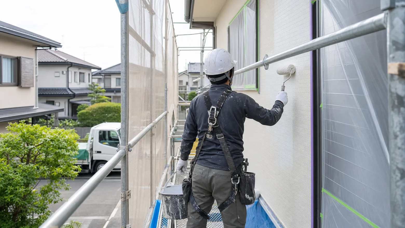 足場を組んで外壁塗装を進める住宅の工事現場