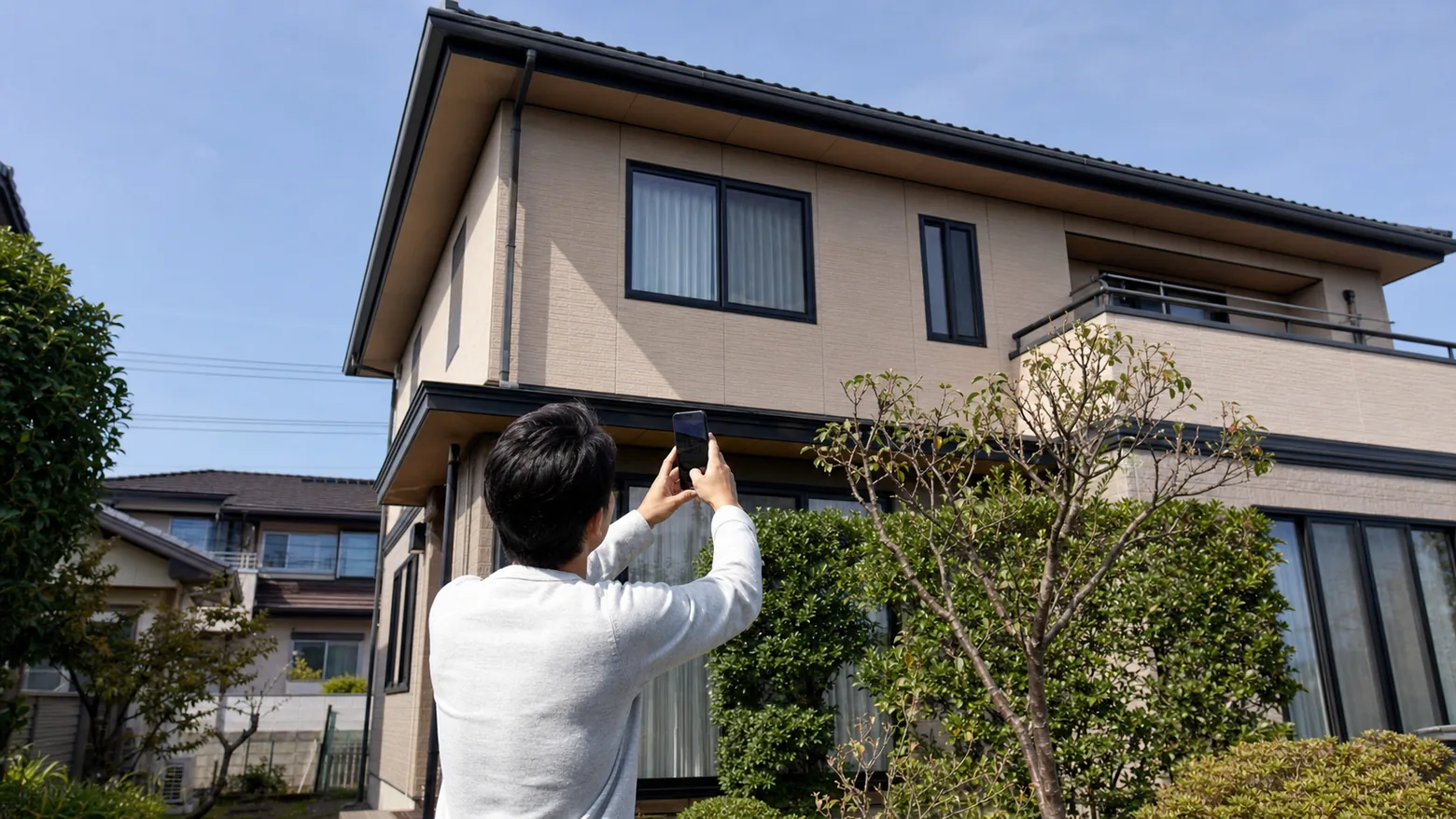 住宅の外壁を目視で点検する人の手元