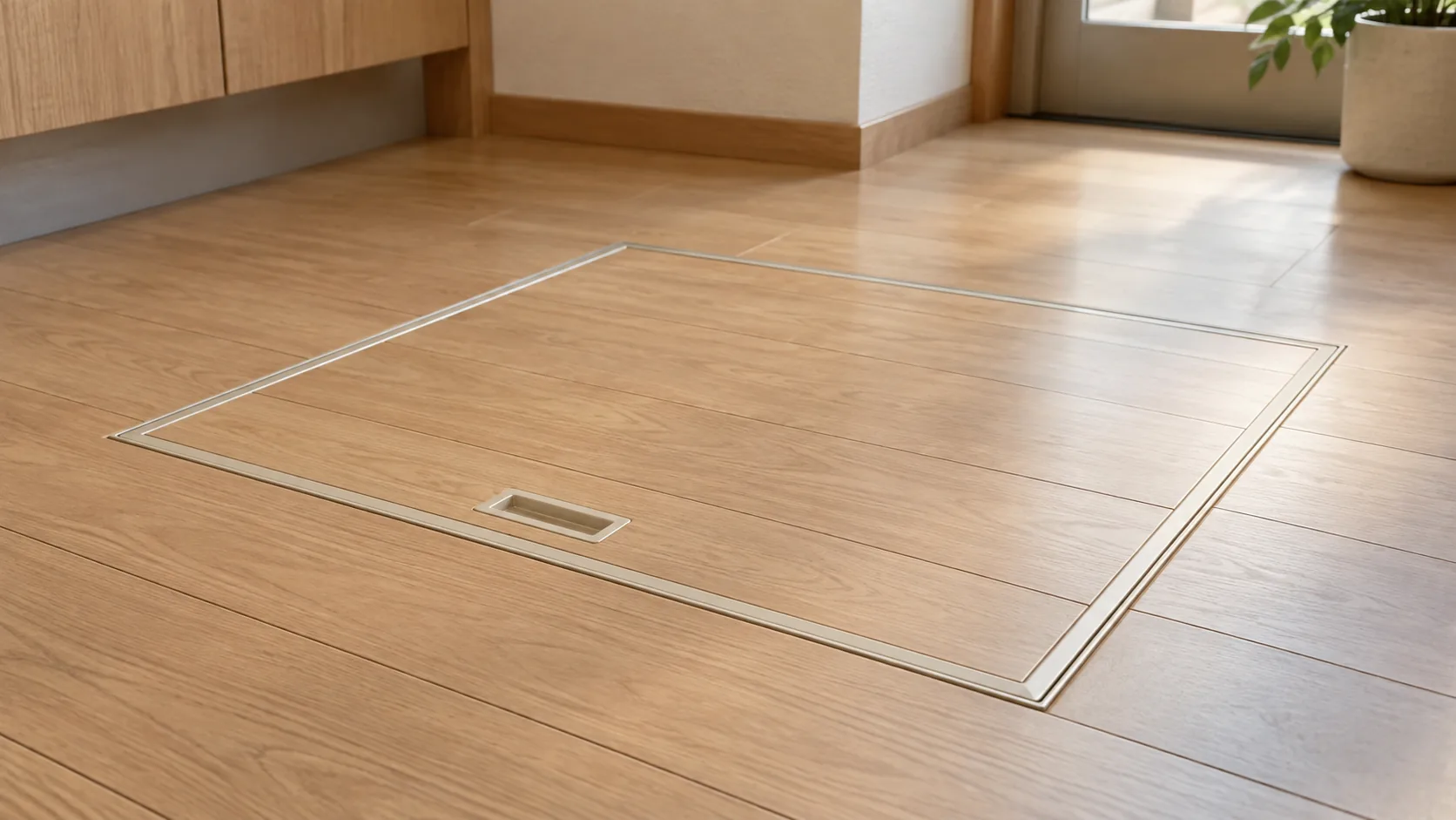 木目の床になじむ点検口のふたと枠の納まり