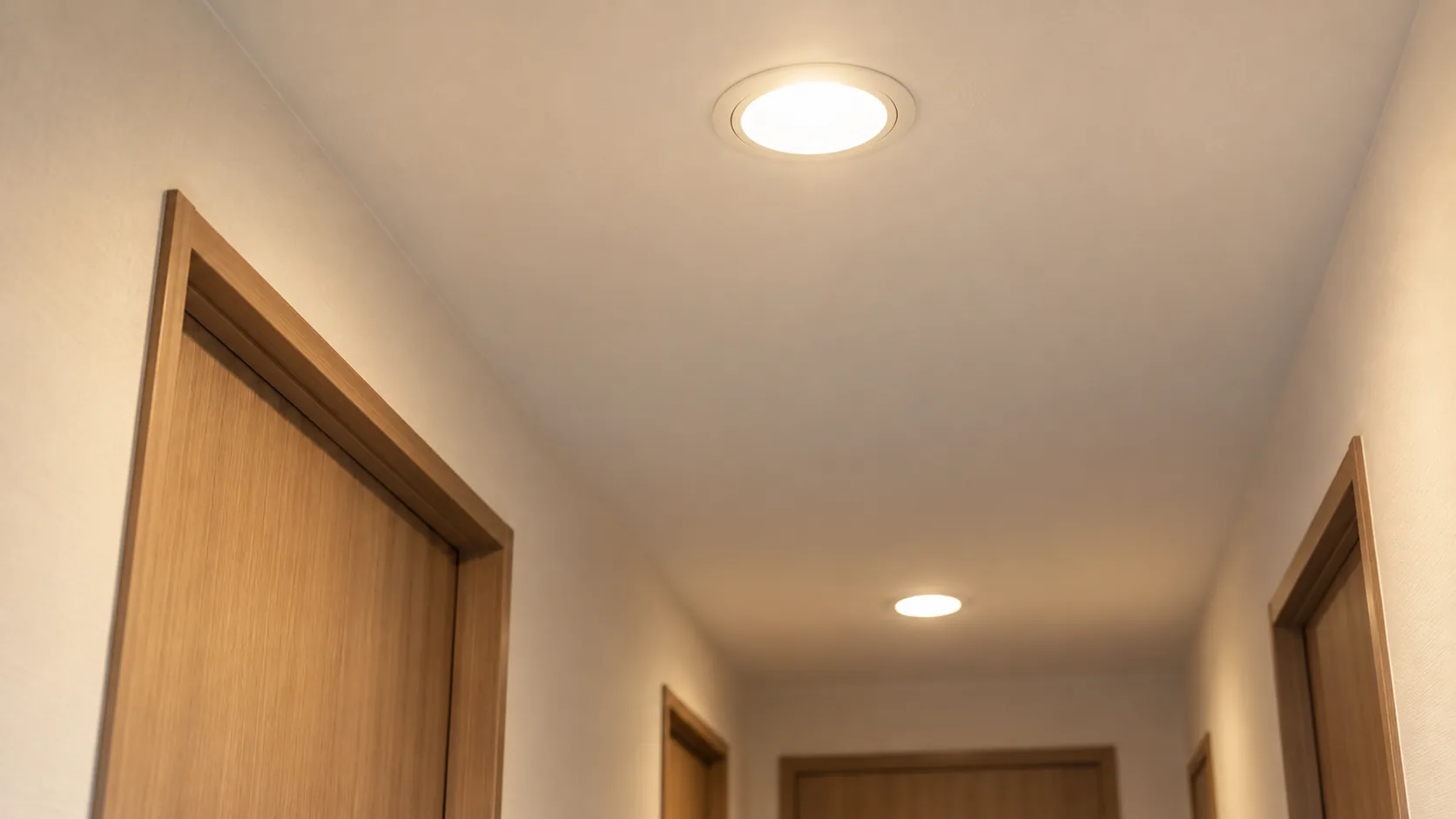 住宅の廊下の天井に並ぶ埋込型LEDダウンライト
