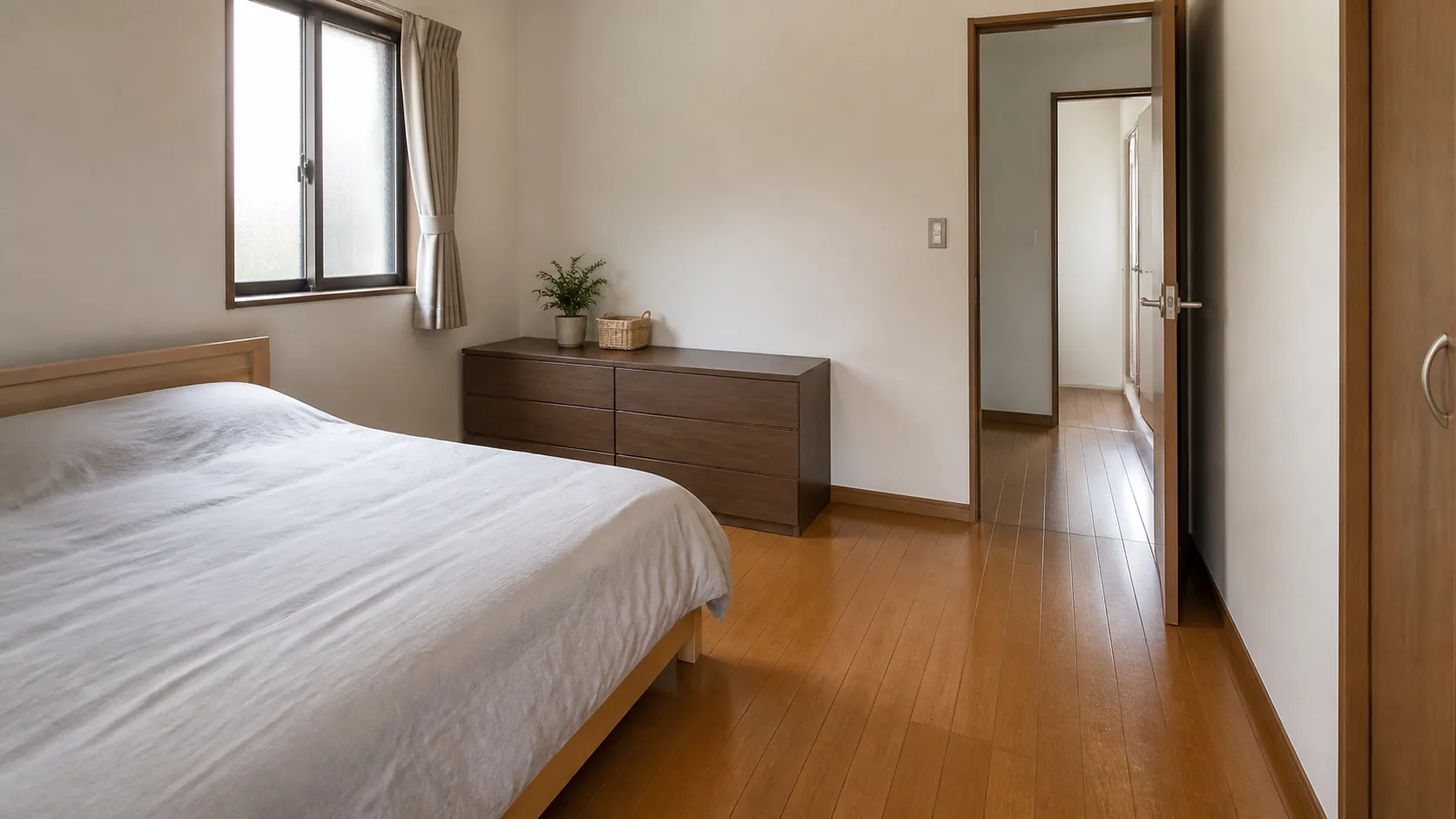 背の高い家具を置かずベッドから出入口まで動線を空けた日本住宅の寝室