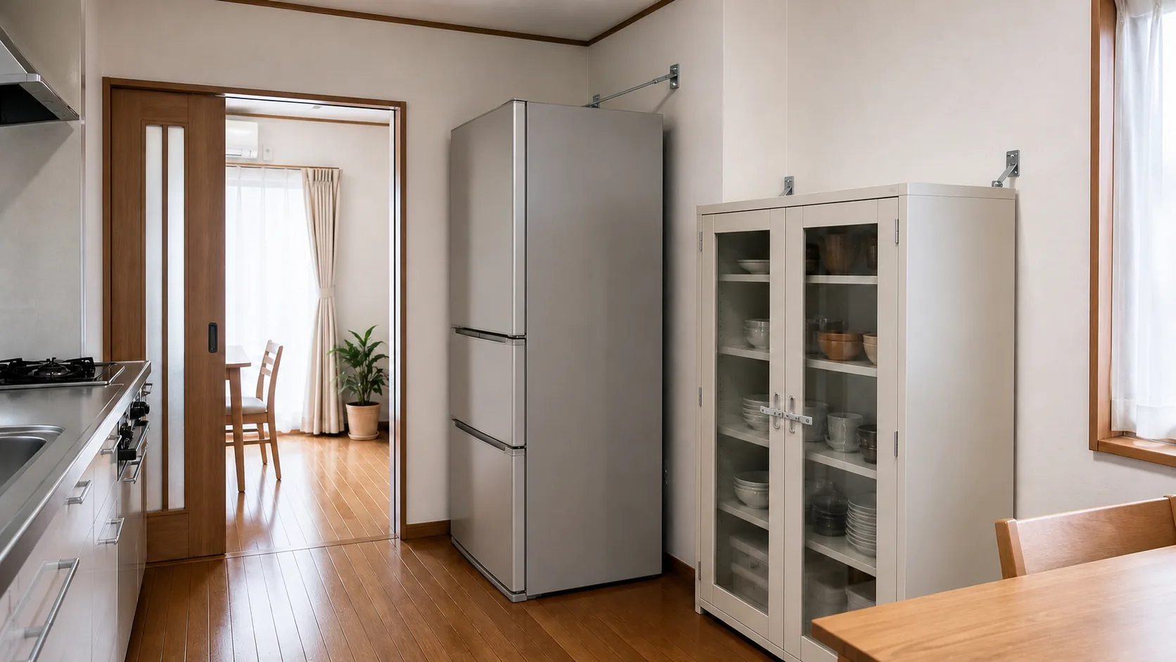 冷蔵庫と食器棚を壁へ固定し通路を確保した日本住宅のキッチン
