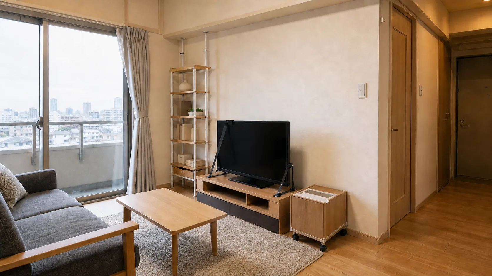 テレビと棚を固定し玄関への動線を空けた日本のマンションリビング
