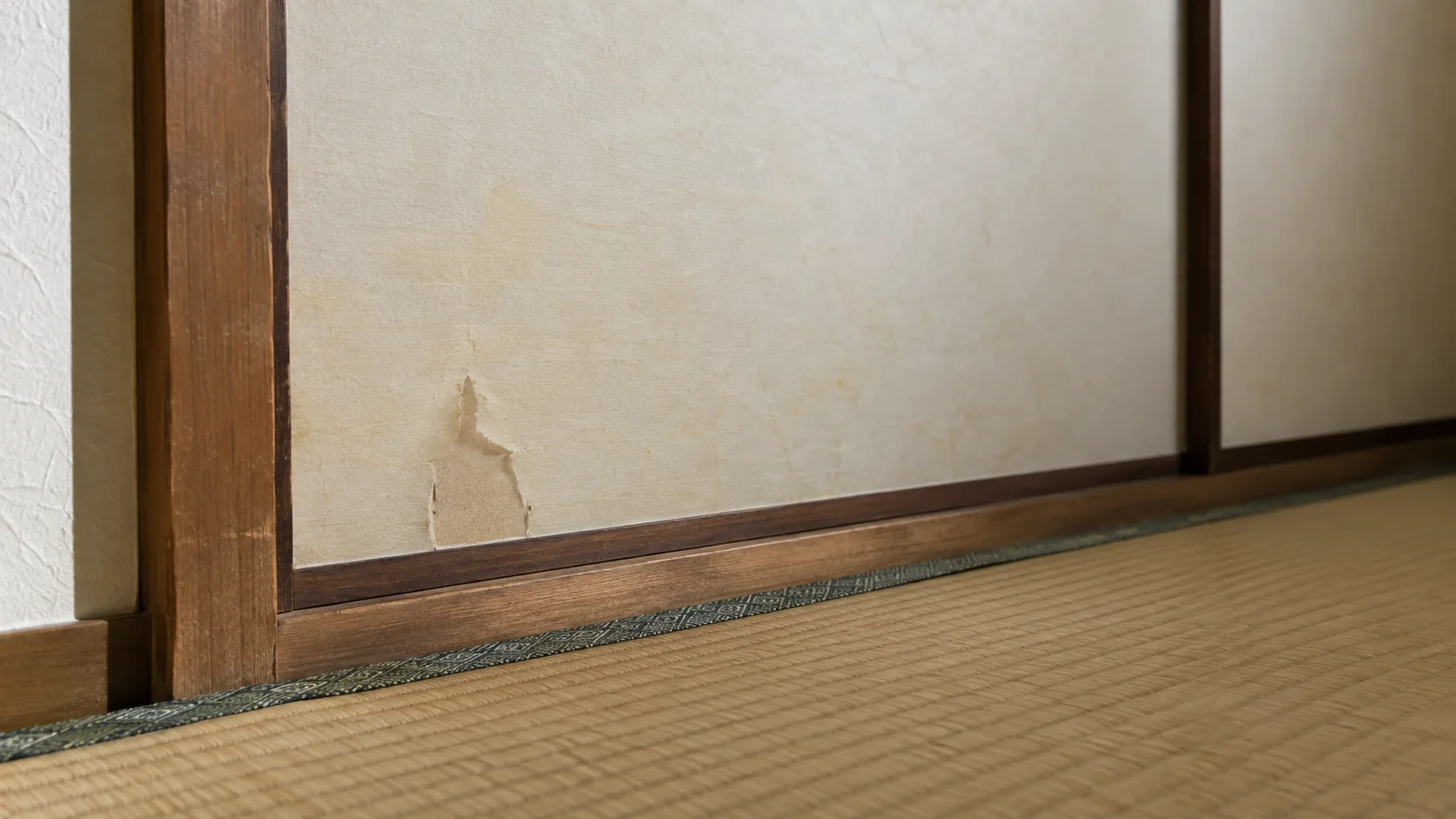 表面の紙に小さな破れがある襖の下部