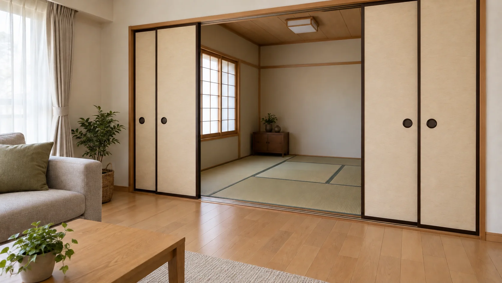 リビングと畳の部屋を仕切る淡い色の襖