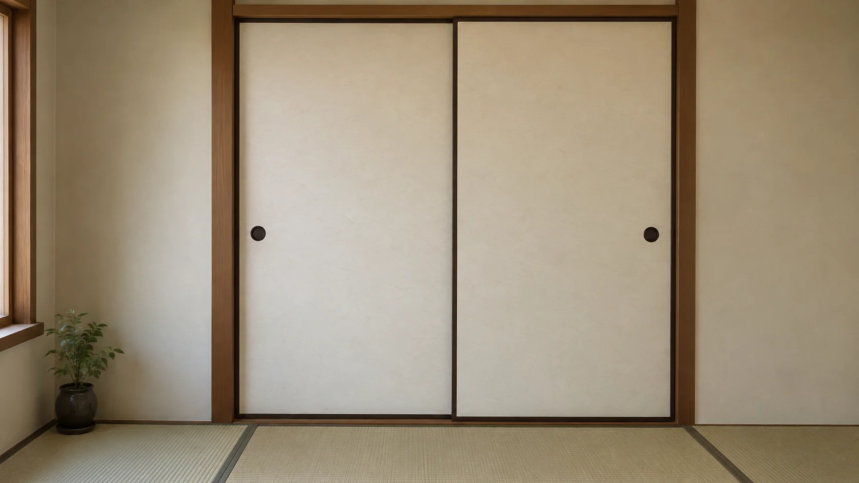 薄い木枠と丸い引手が付いた白い襖のある和室