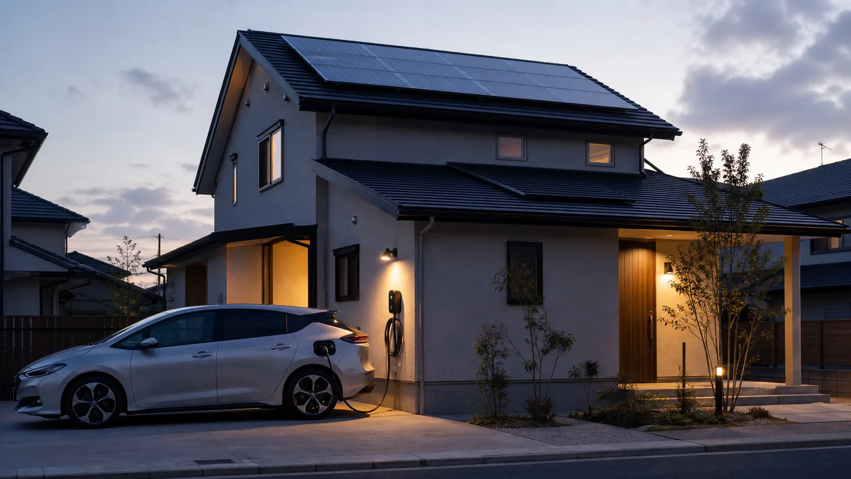 太陽光発電のある戸建てで壁付けEV充電器から充電する電気自動車