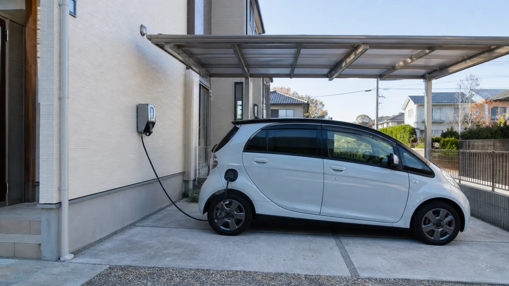 戸建てのカーポートで壁付けEV充電設備から充電する電気自動車