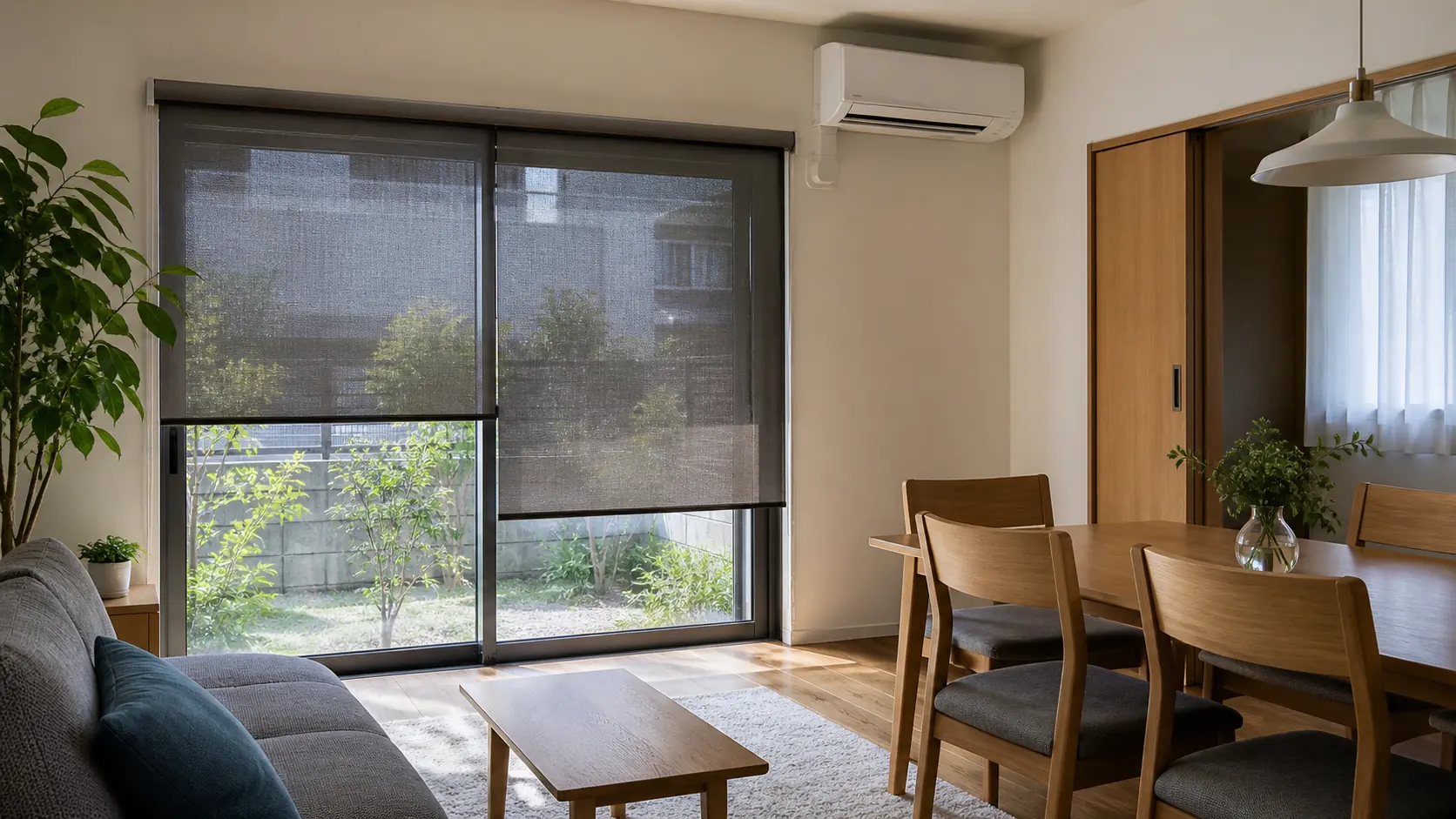 外付け日よけとエアコンで夏の日射と暑さを抑えた日本の戸建てリビング