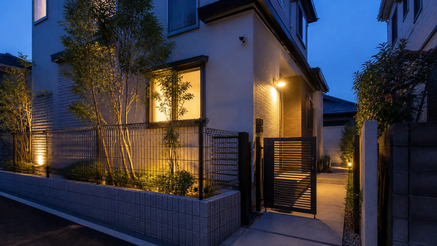 視線が通るフェンスとセンサー照明のある夜間の住宅外構