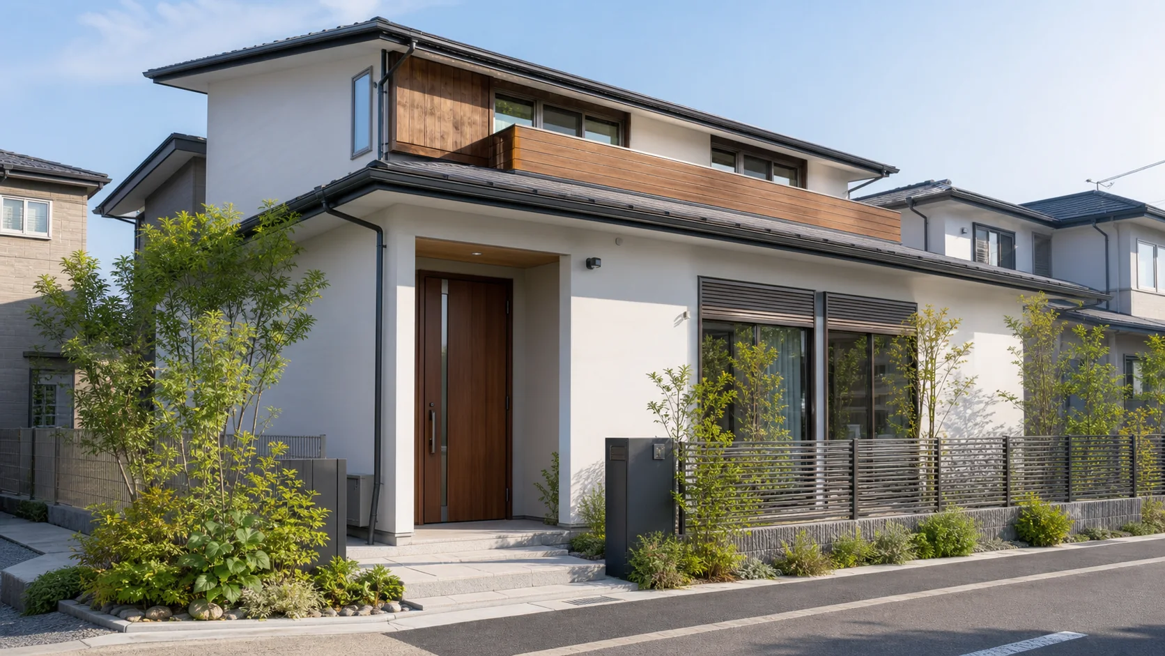 見通しのよい外構と防犯性に配慮した窓や玄関を備える日本の戸建て住宅
