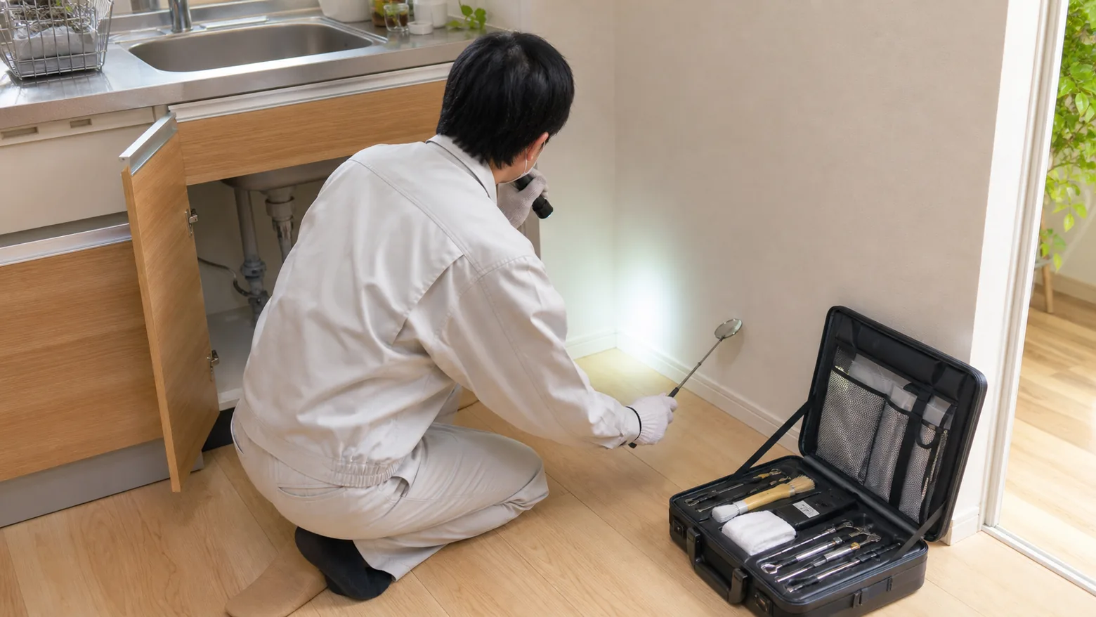 住宅のキッチンの隙間を点検する手元
