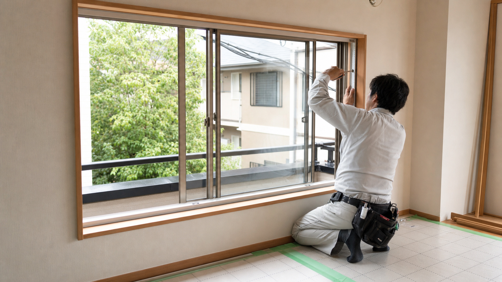 内窓の取り付け工事を行う職人