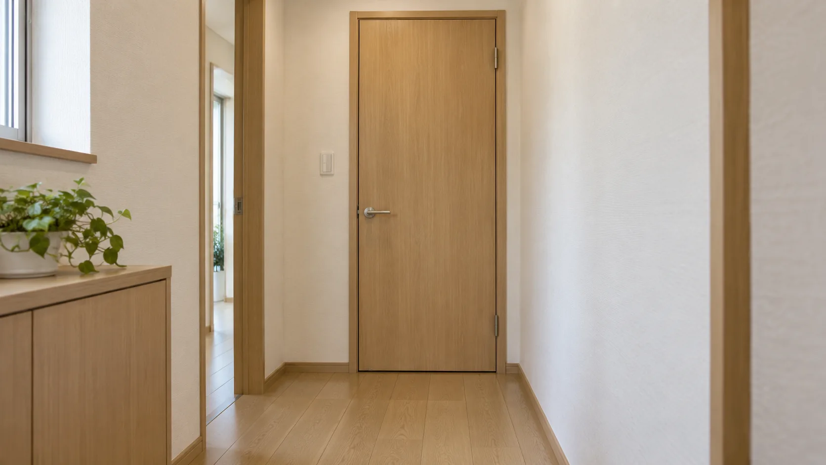 レバーハンドル付きの木目の室内ドアと日本の住まいの廊下