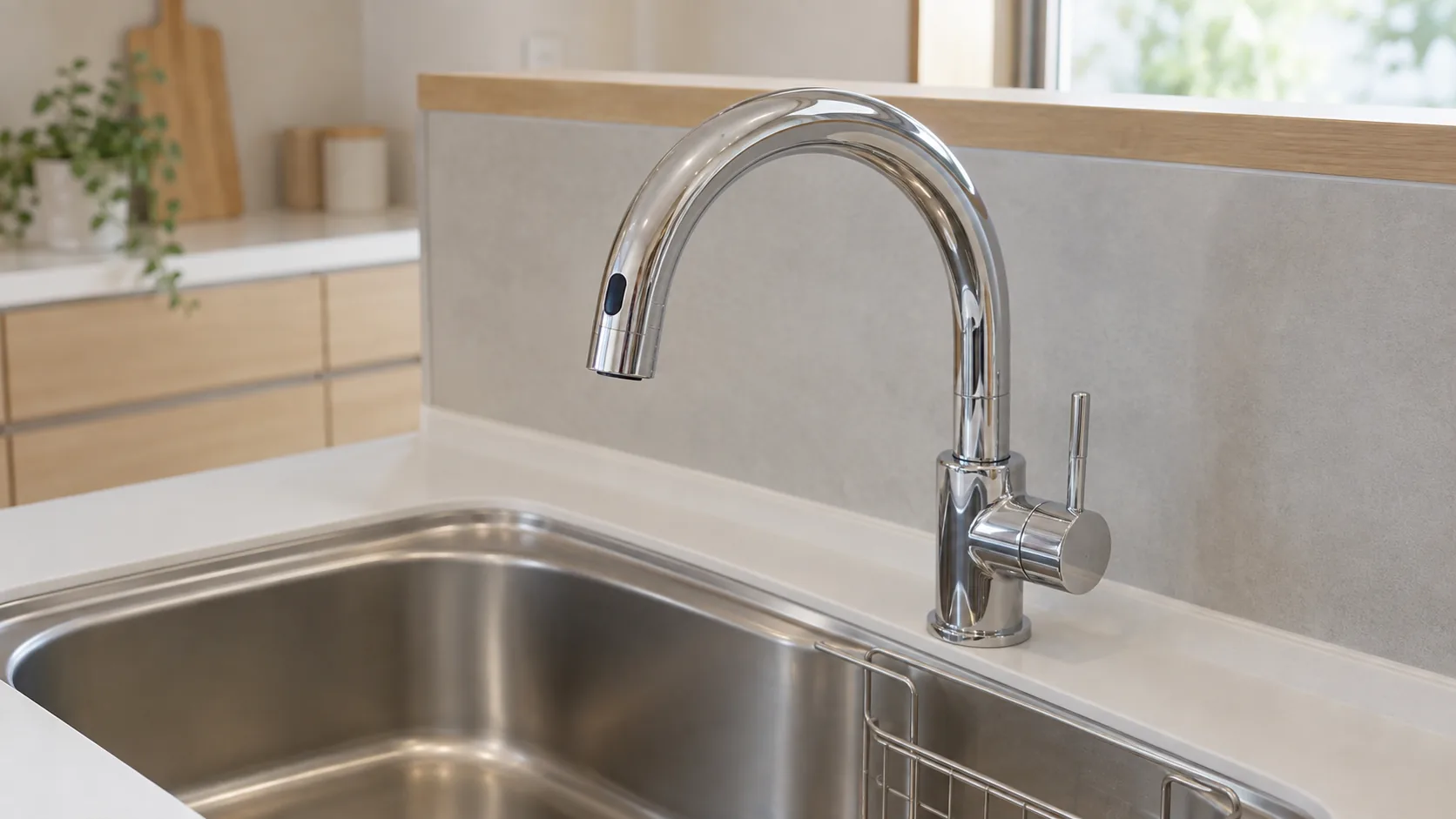 吐水口の先端にセンサーを備えたキッチン用タッチレス水栓