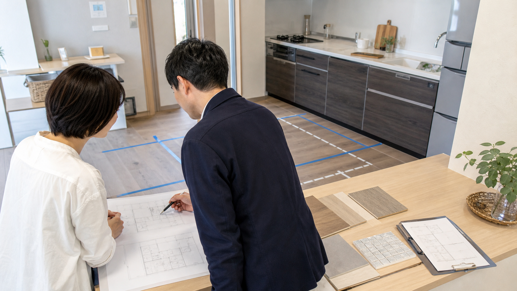 対面キッチンのカウンターで図面と素材サンプルを確認するプラン検討