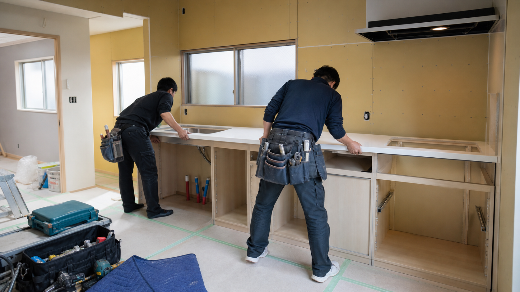 システムキッチンの収納と天板を設置する職人