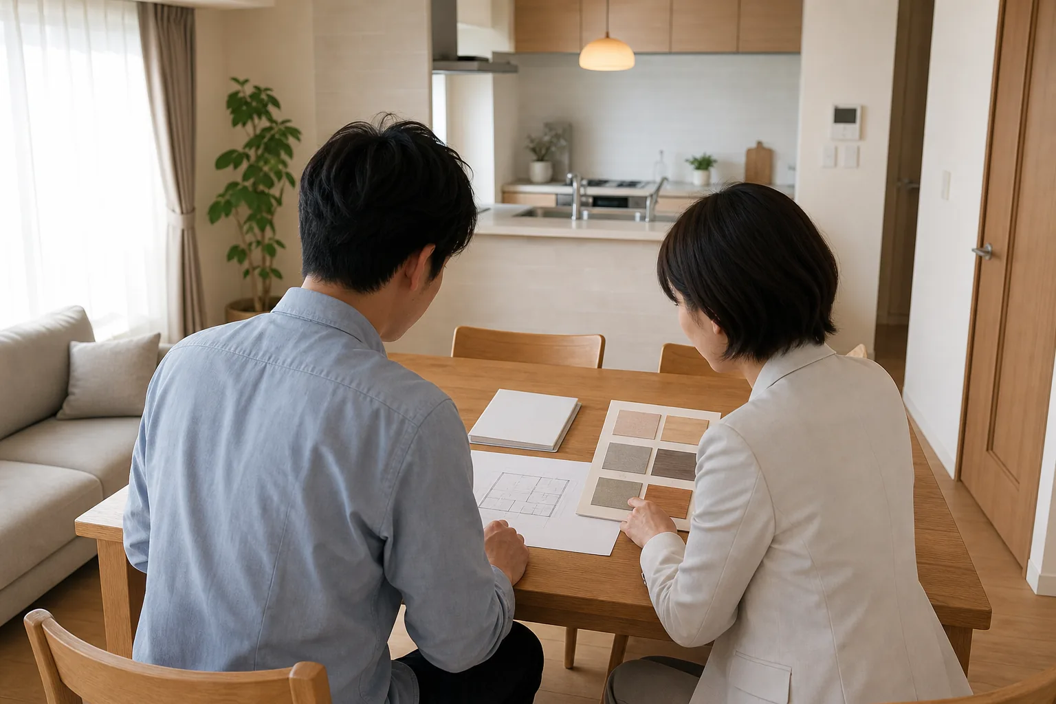 キッチンリフォームについて相談する住まい手と担当者