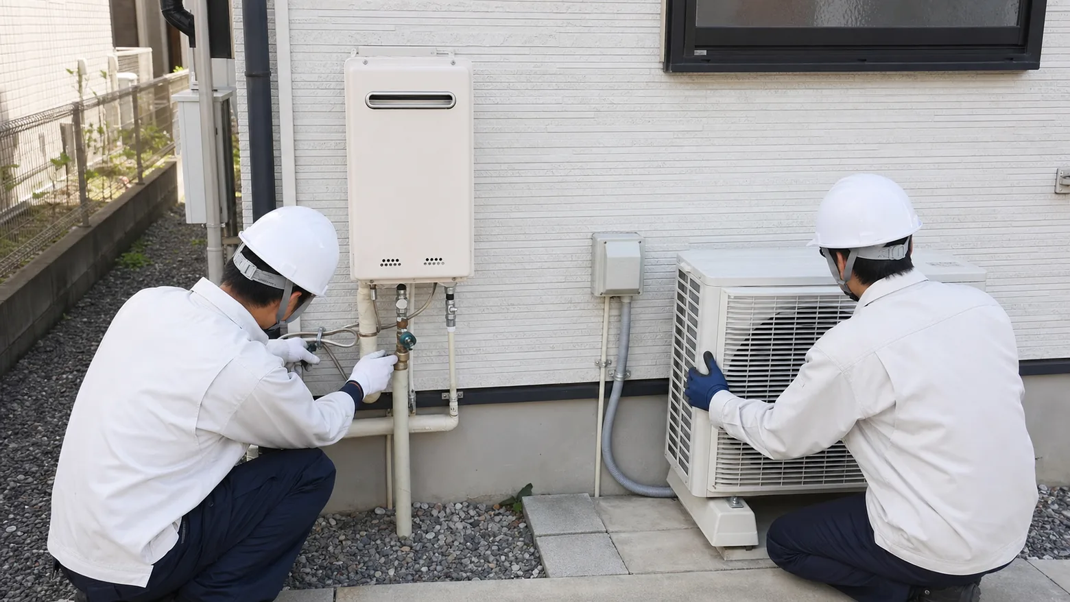 屋外に設置されたエコキュートの貯湯タンクとヒートポンプユニット