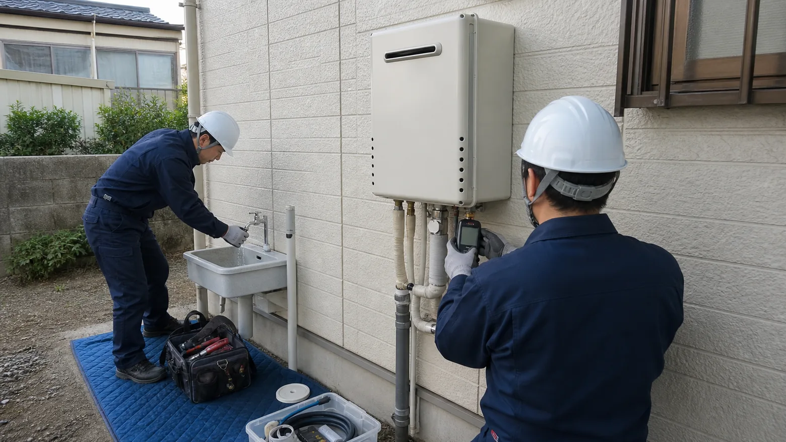作業員が住宅の給湯器を点検・交換している手元の様子