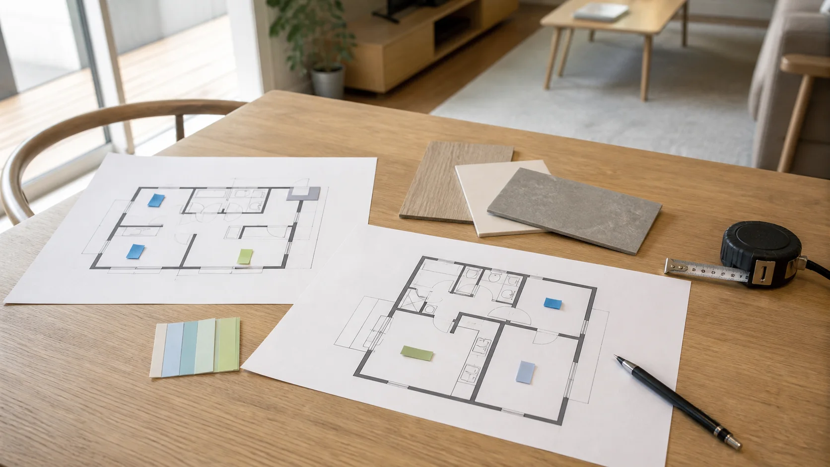 間取り変更の新旧図面と内装サンプルを並べた計画用のテーブル