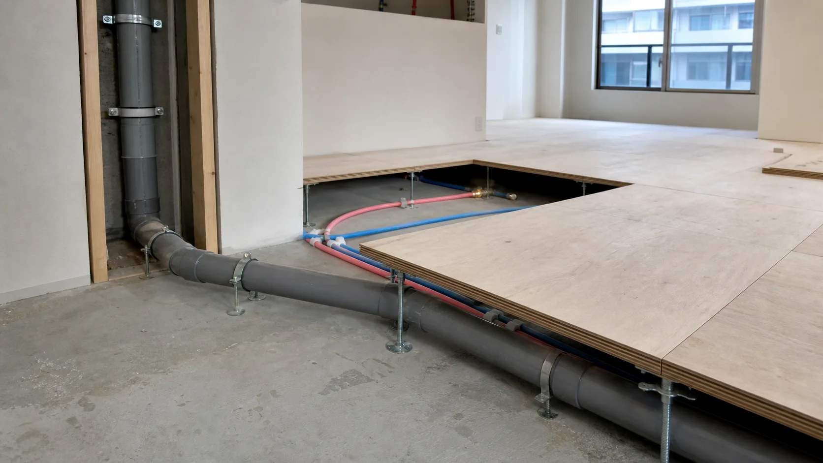 マンションの二重床内に納める排水管と給水給湯管の施工状態