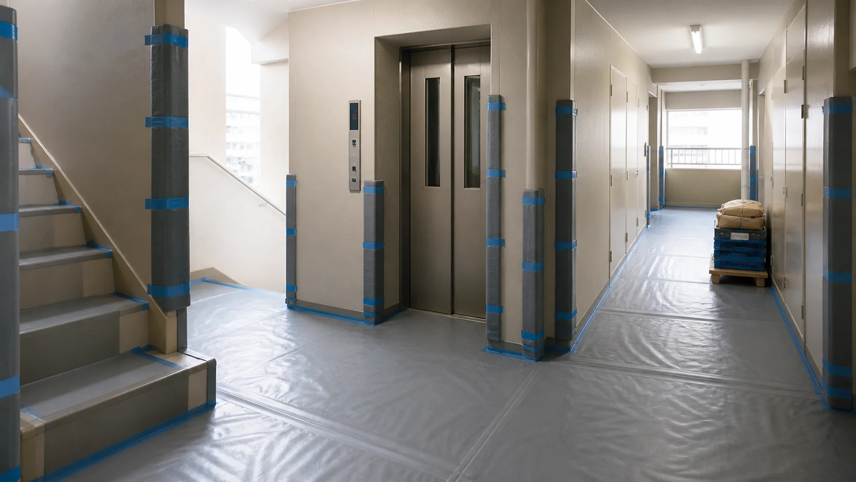 リフォーム工事に備えて共用廊下とエレベーター前を養生したマンション
