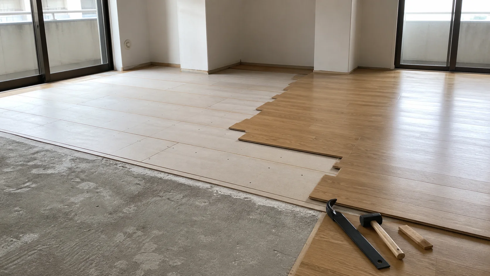 遮音下地とフローリングを施工中のマンション室内